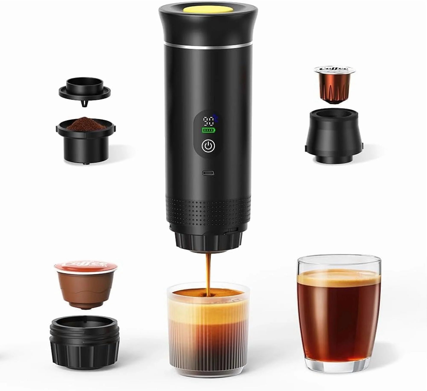 3-In-1 Portable Coffee Maker for Travel,Self-Heating Espresso Machine with USB-C,LED Display,20 Bar,Compatible with Coffee Grounds&Capsules (Ns&Dg)–Portable Espresso Maker for Car,Rv,Camping,Off